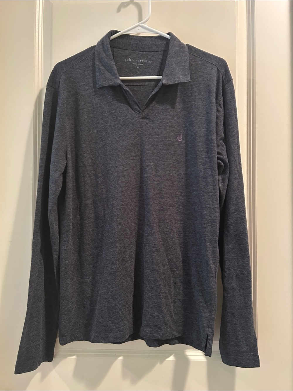 John Varvatos Long-Sleeve Polo Shirt V-Heather Gray Logo Embroidered Front M